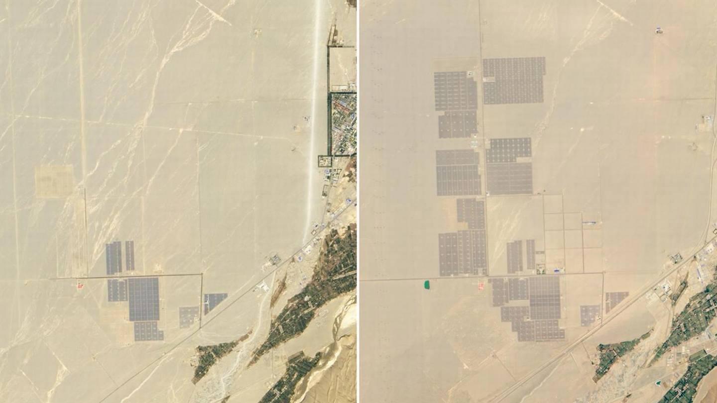 Anlegget i Gansu har vokst kraftig fra 2012 til 2015. Begge satelittbildene er tatt av NASA.