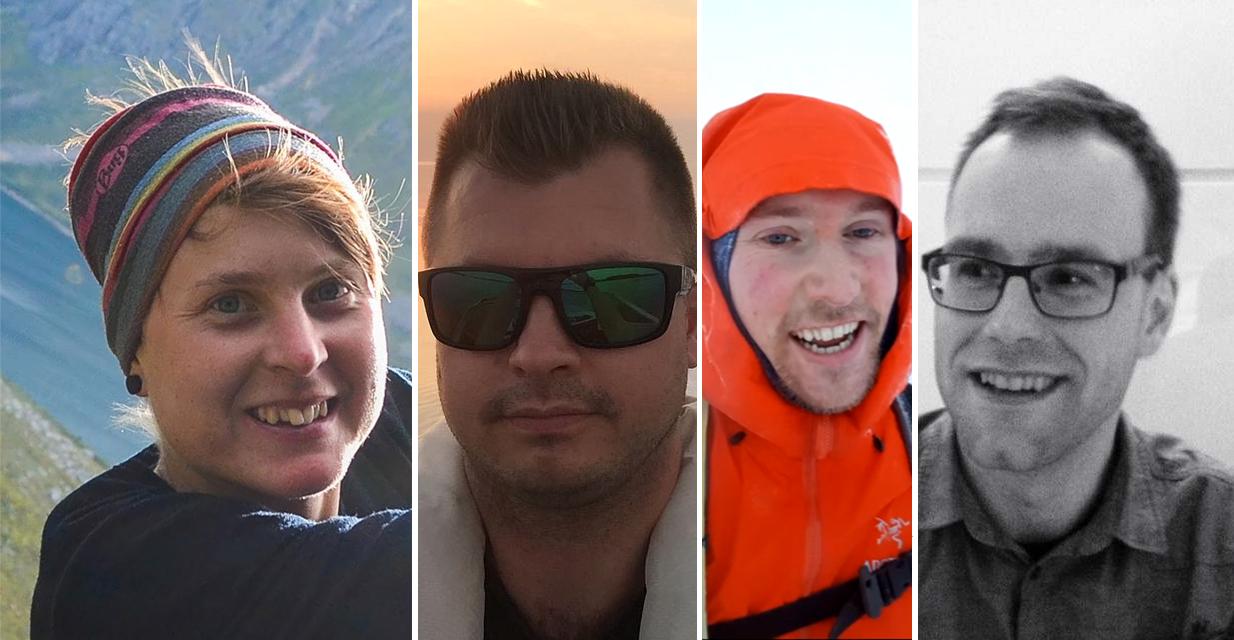 Politiet har sendt ut bilde av de tre som antas å ha mistet livet i snøskredet. F.v.  Disa Bäckström (29) fra Sverige, og André Stenfors (32), Mikael Sten (29), og Niklas Nyman (36) fra Finland. 