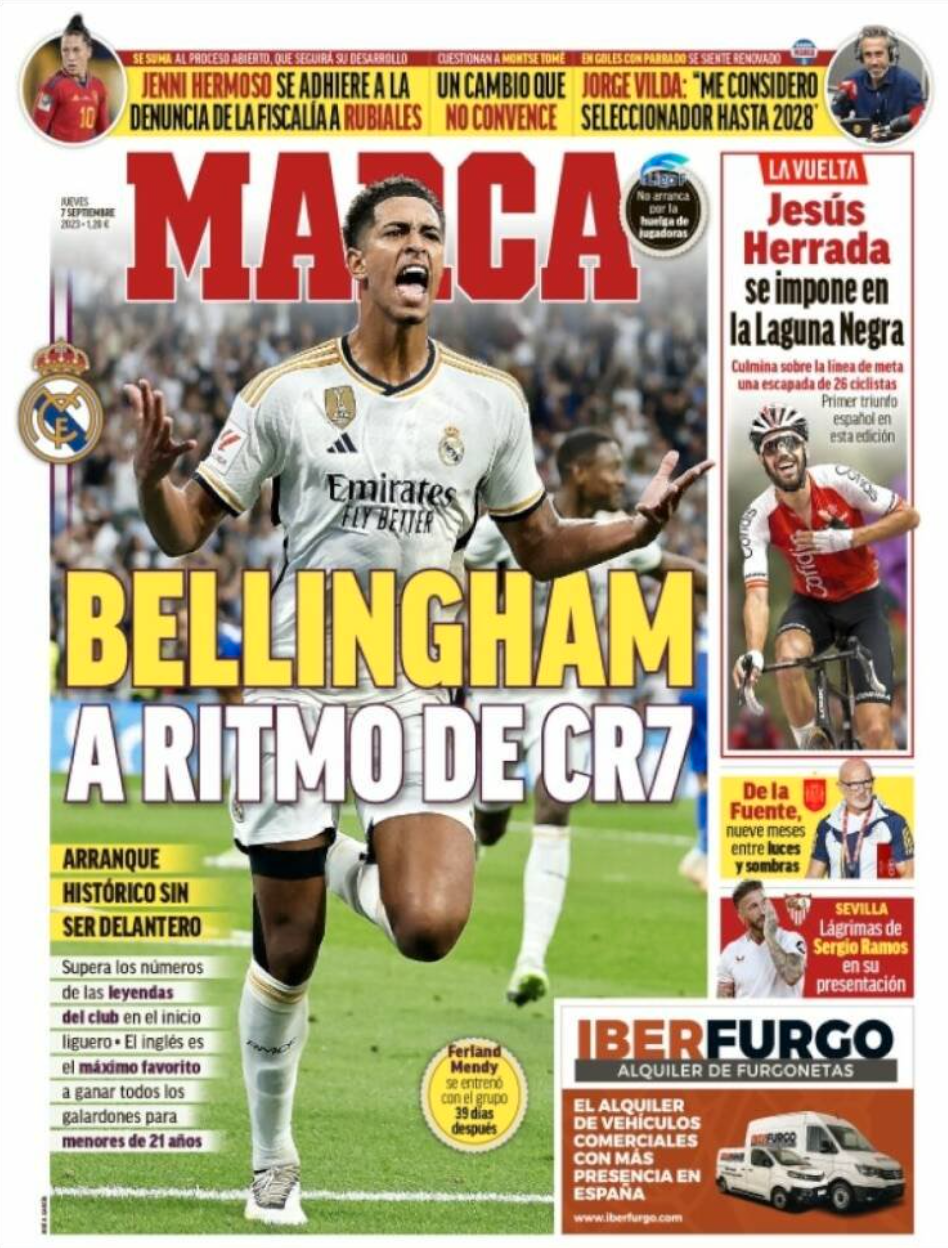 RONALDO-TEMPO: Den spanske storavisen Marca har Bellingham på forsiden 7. september, og trekker frem at han holder scoringstempoet til Ronaldo.