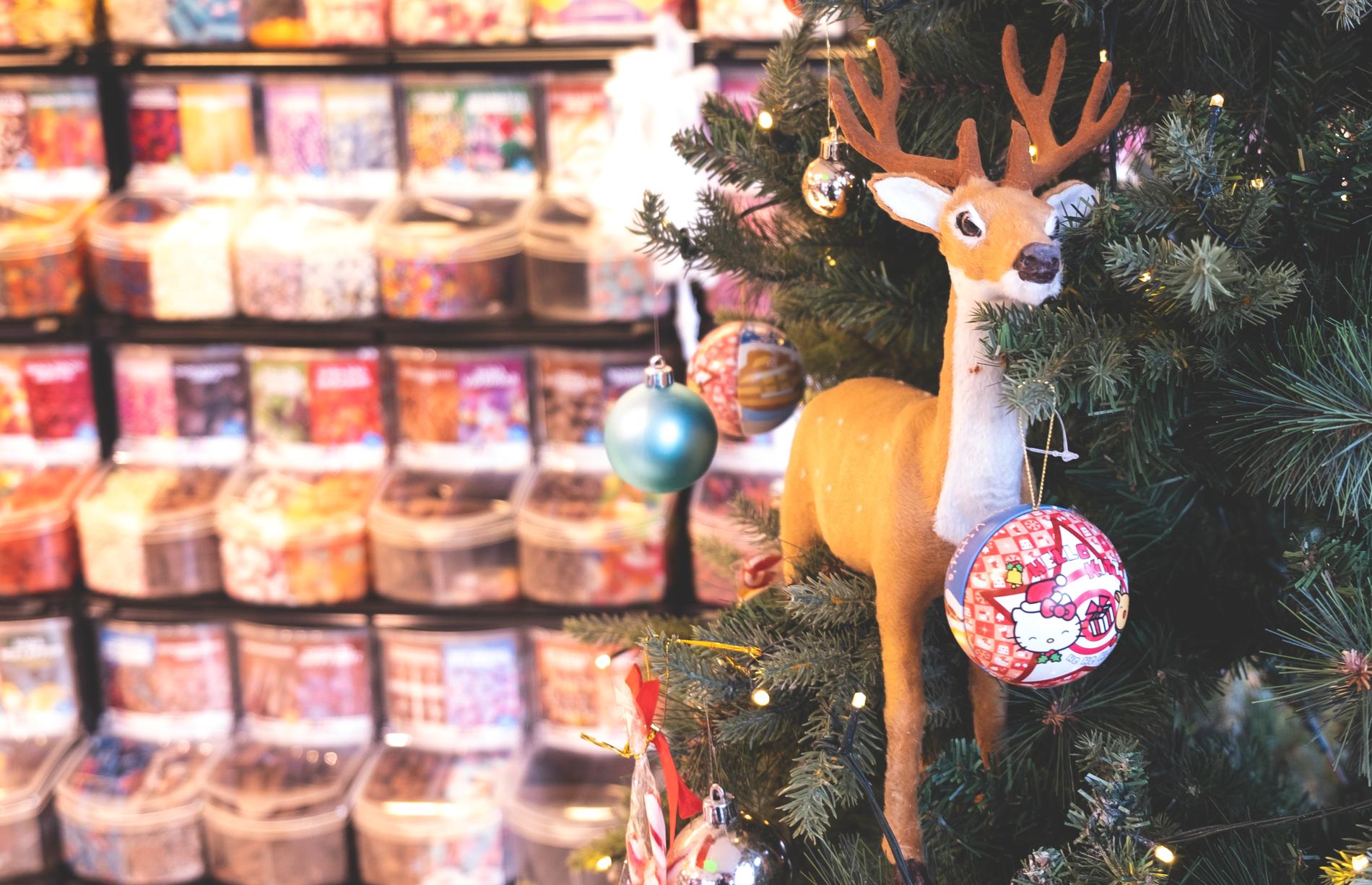 Inne på Godteributikken har Halloween-pyntet blitt byttet ut med juletrær og julenisse-formet sjokolade. Coban skifter design på hele butikken hver sesong. 