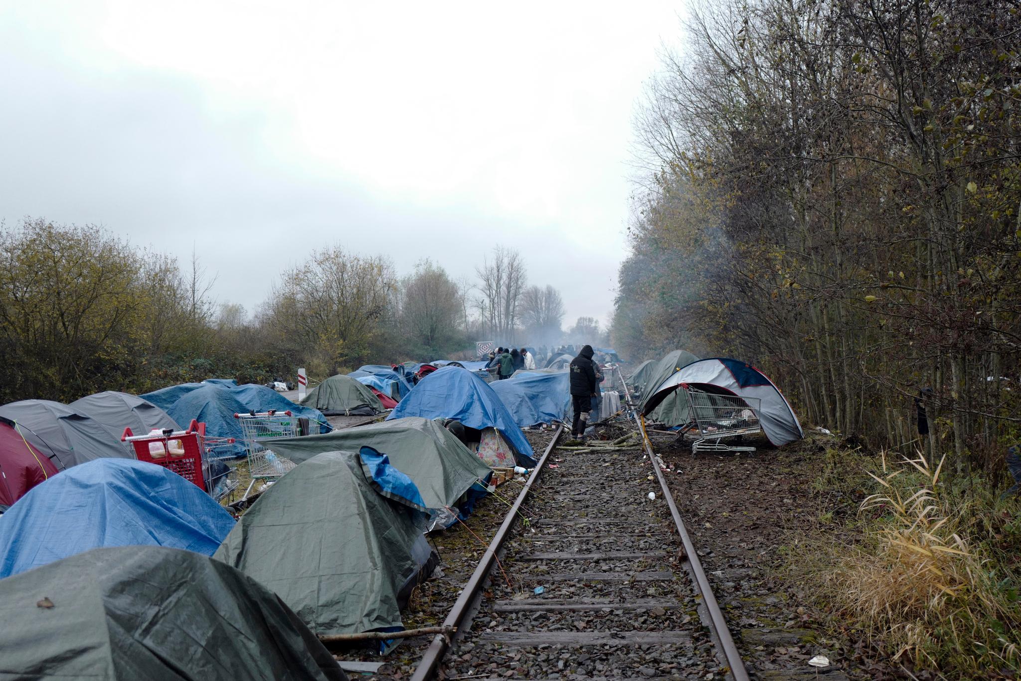 En gruppe kurdiske flyktninger har slått seg til ved en jernbanelinje som ikke er i bruk, i nærheten av Calais og Dunkirk.