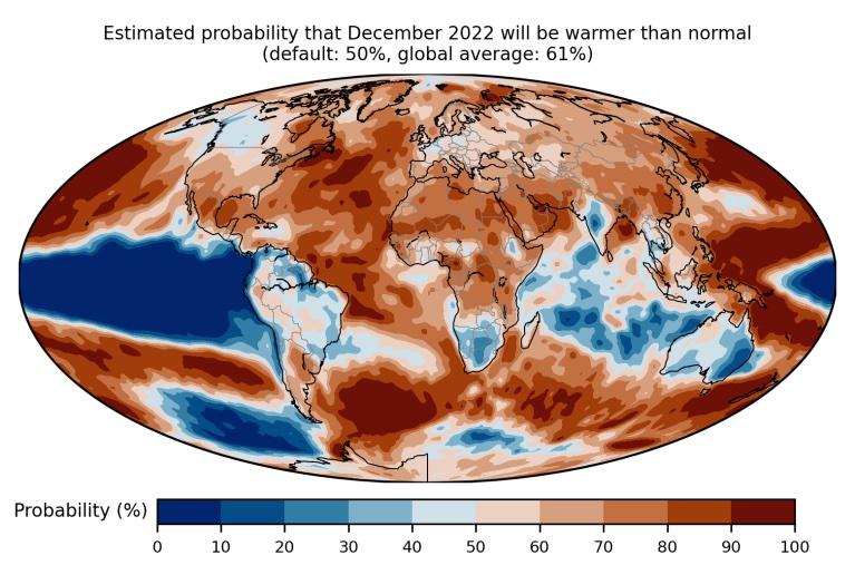 Sannsynligheten for at desember 2022 blir varmere enn normalt (der normalen er gjennomsnittet i referanseperioden 1993–2016): 61 prosent. 