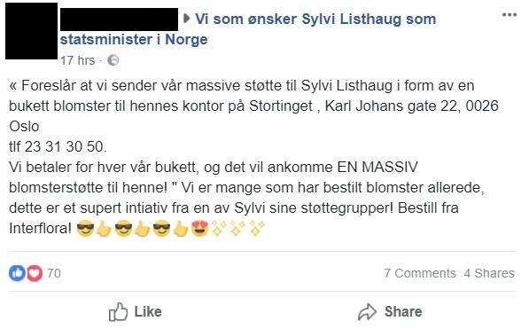 Slik fremstår en av mange oppfordringer om å sende blomster til Listhaug i flere innvandringsfiendtlige grupper på Facebook.