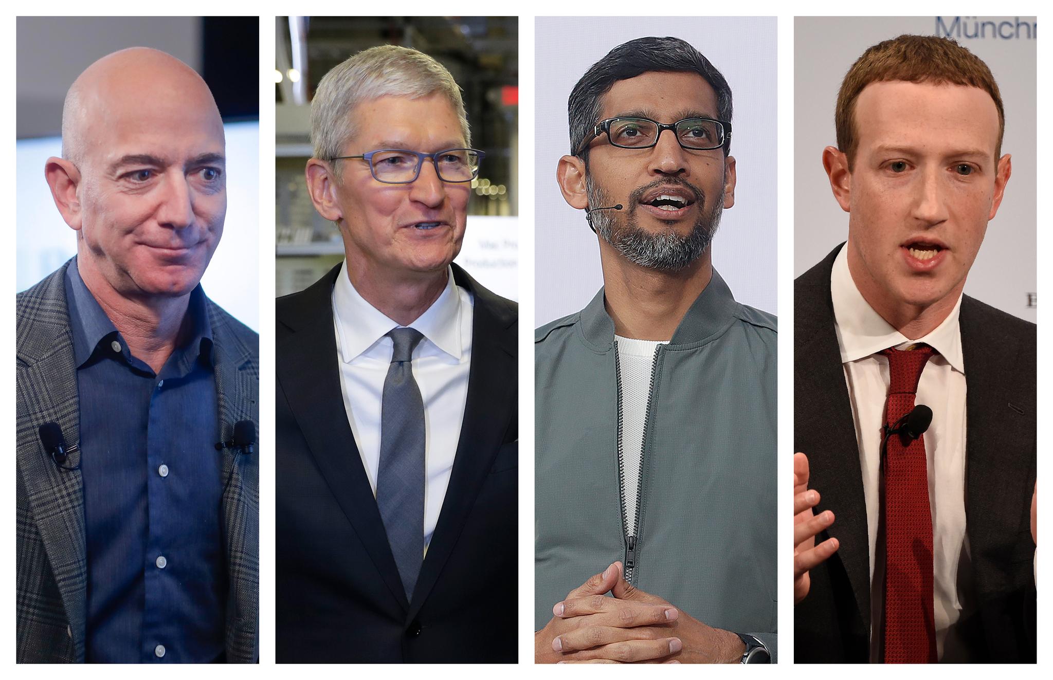 Toppsjefene Jeff Bezos fra Amazon, Tim Cook fra Apple, Sundar Pichai fra Google og Alphabet og Mark Zuckerberg fra Facebook avga forklaringer under en kongresshøring onsdag om selskapenes markedsposisjon. 