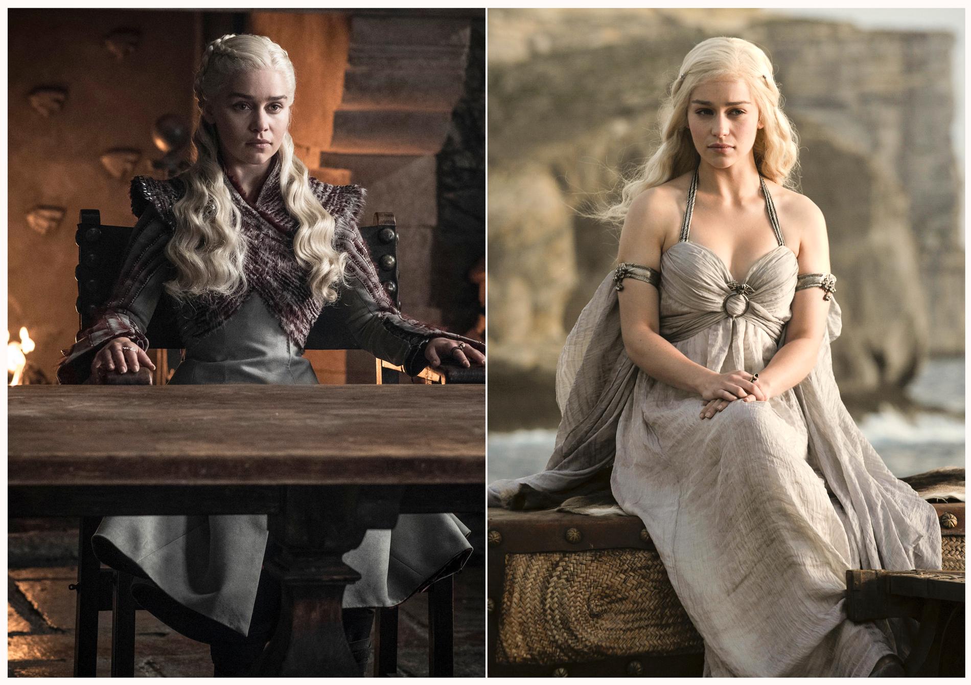 Det var en annen skuespiller som spilte Daenerys Targaryen i pilotepisoden til «Game of Thrones». Men seriens produsent mener Emilia Clarke «var født til å spille henne» – så hun rykket inn i stedet. Her fra begynnelsen (t.h.) og slutten av serien. 
