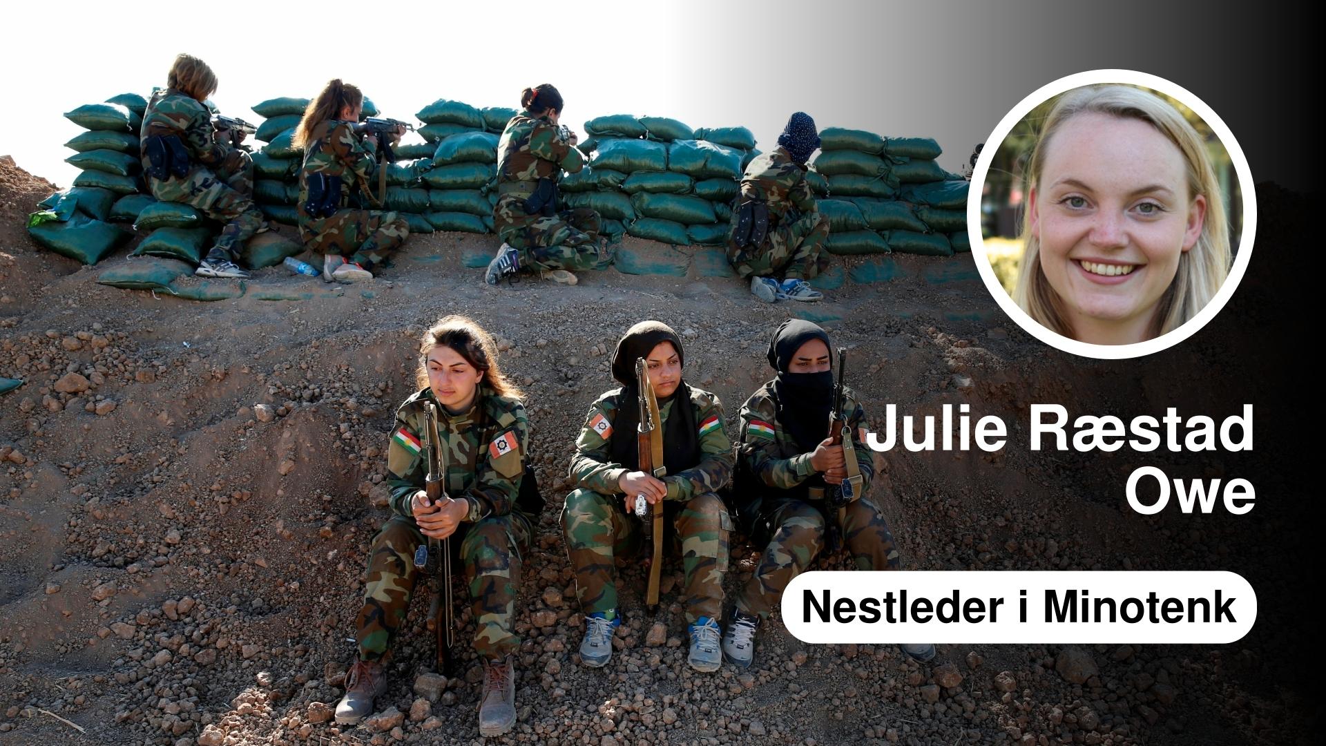  Kvinnelige fremmedkrigere i kurdiske styrker som kjemper mot IS, fremstilles ofte som tøffe i mediene – i motsetning til kvinner som slutter seg til IS. Bildet viser iransk-kurdiske kvinnelige soldater i kamp mot IS nær Mosul i november i fjor.  