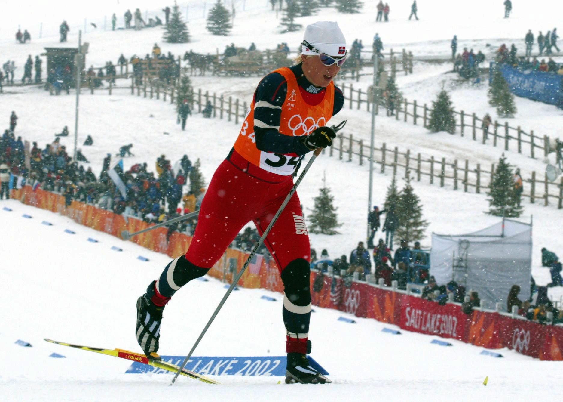 Marit Bjørgen i sitt første OL i Salt Lake City i 2002. Hun ble nummer 14 i dette rennet. 