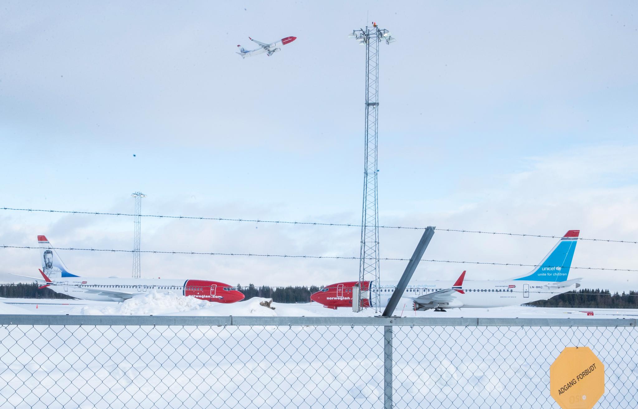 To av Norwegians Boeing 737 Max 8 står parkert på Oslo Lufthavn. 