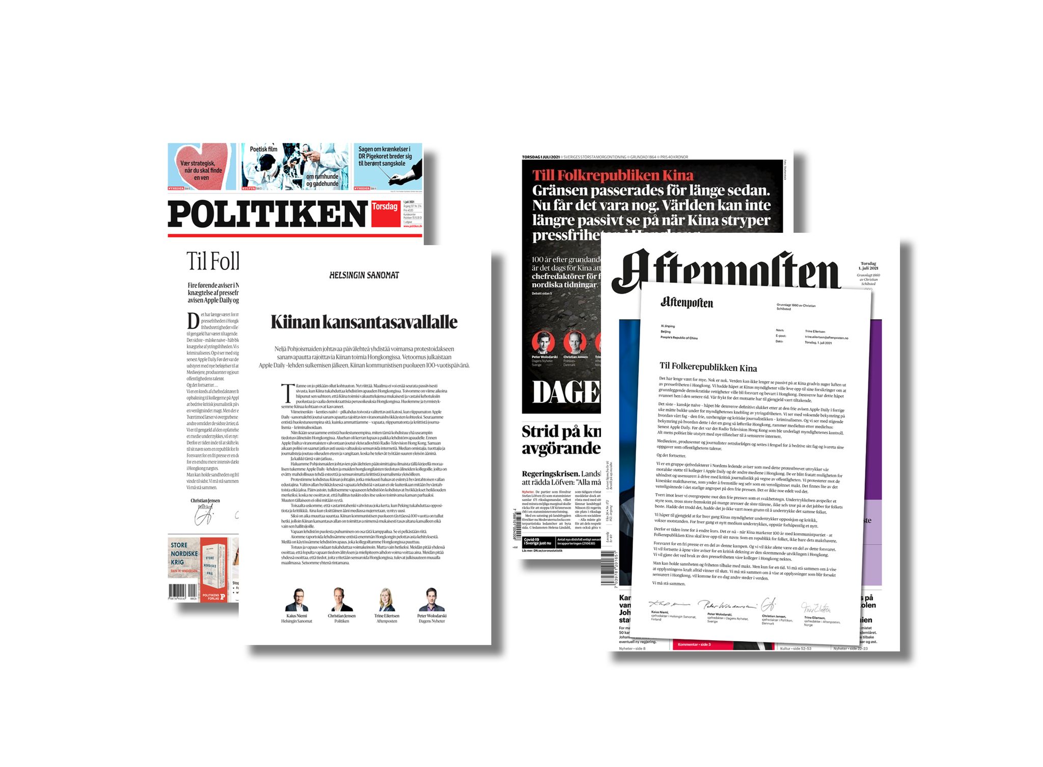 Aftenpostens førsteside er torsdag et protestbrev til støtte for pressefrihet i Hongkong. Fire nordiske aviser trykker samme brev. Politiken i Danma