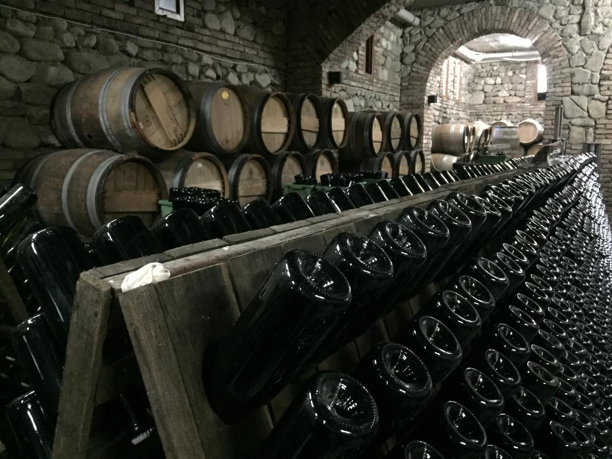 VIN: Gjester får omvisning i kjelleren på vingården Schuchmann i Telavi. Herfra eksporteres rundt to millioner flasker i året. Disse flaskene inneholder musserende vin.