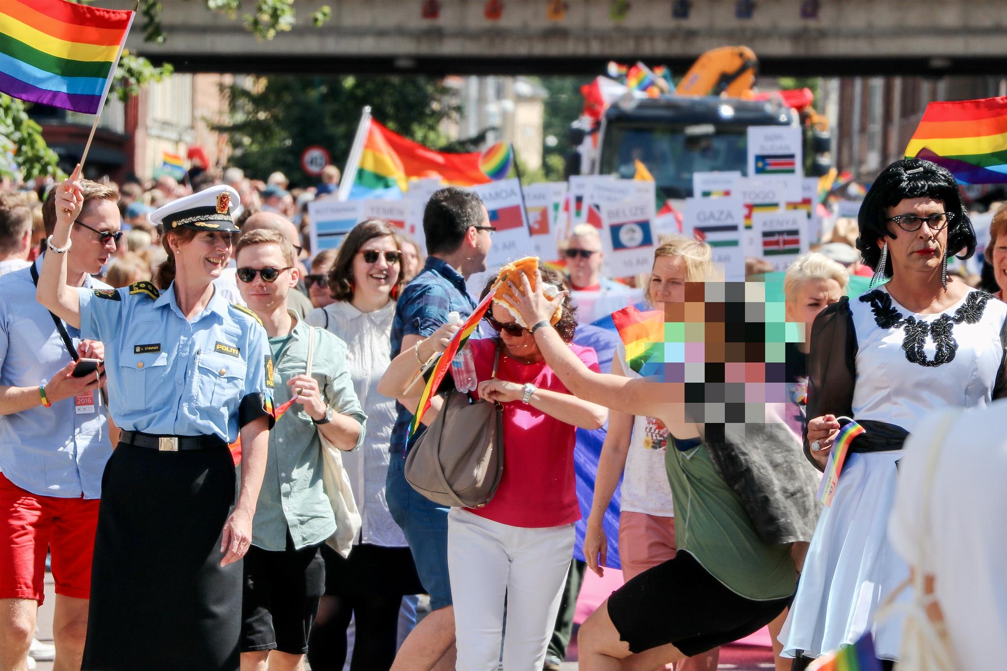 Solveig Horne fikk høyst ufrivillig en kake i ansiktet under Oslo Pride-paraden lørdag.