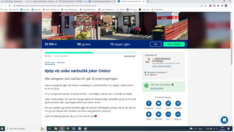 Facebook-innlegget som fekk kronene til å rulla på Ombo. Det er Randi Westersjø-Christensen som tok initiativet til aksjonen.