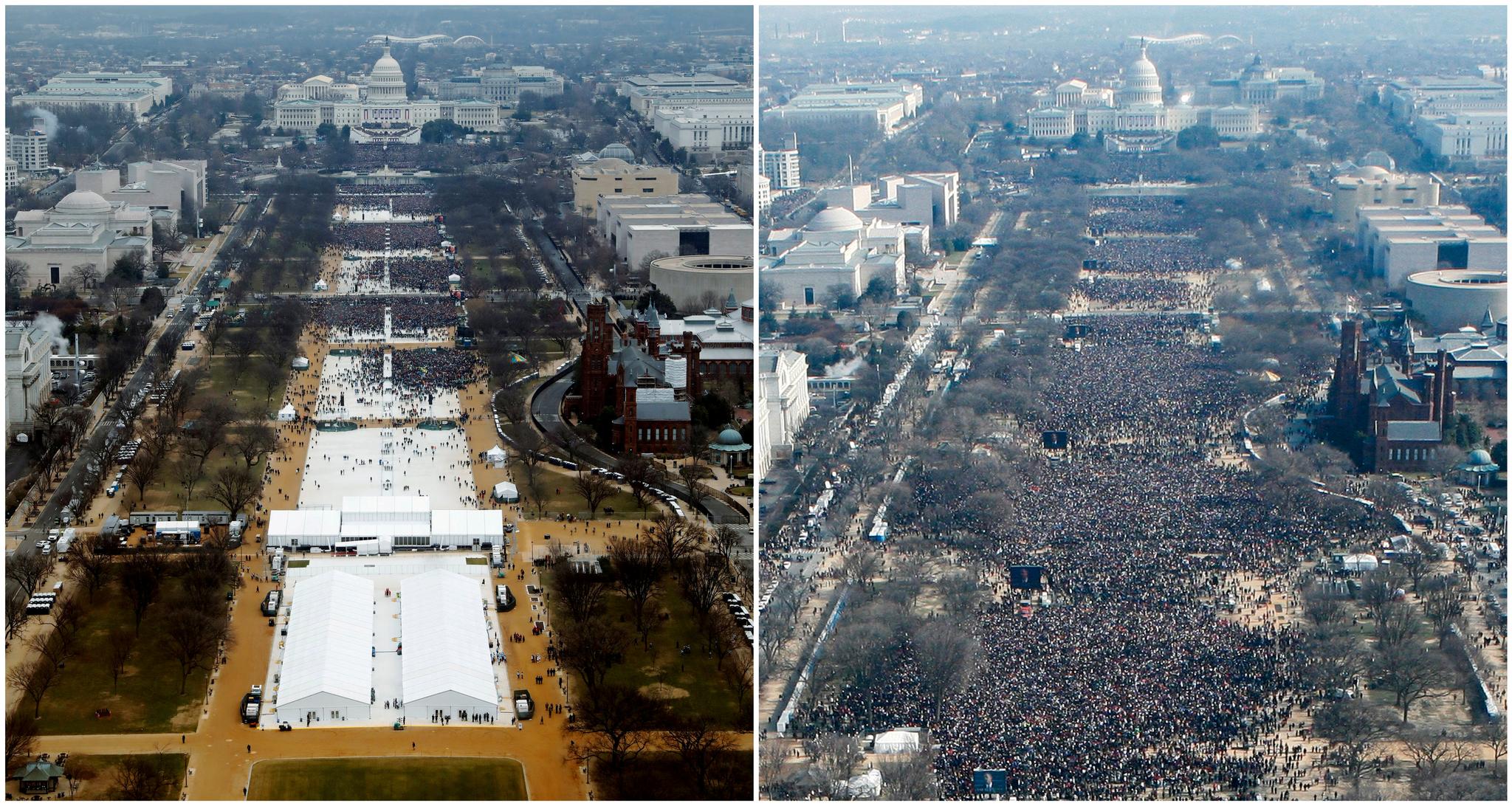 En sammenligning av bilder tatt ved innsettelsesseremonien til Donald Trump i 2017 (til venstre) og Barack Obama i 2009 (til høyre). Begge bildene er tatt like før seremoniene startet.