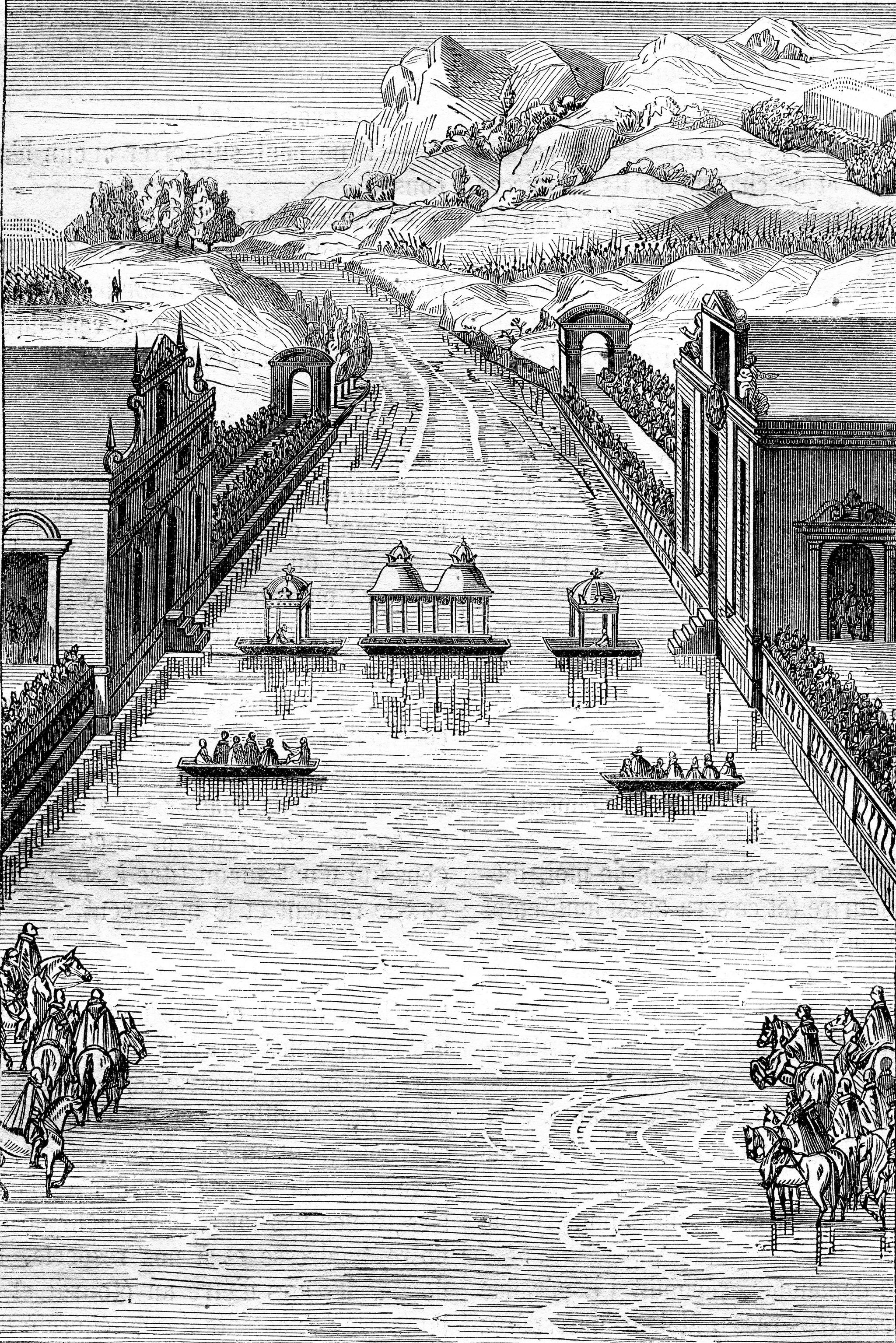 Spania og Frankrike deler på suvereniteten over den ubebodde Fasanøya i elven Bibosa. Avtalen ble til etter 30-årskrigen var over i 1659. Illustrasjonen viser elven Bibosa på 1600-tallet. 