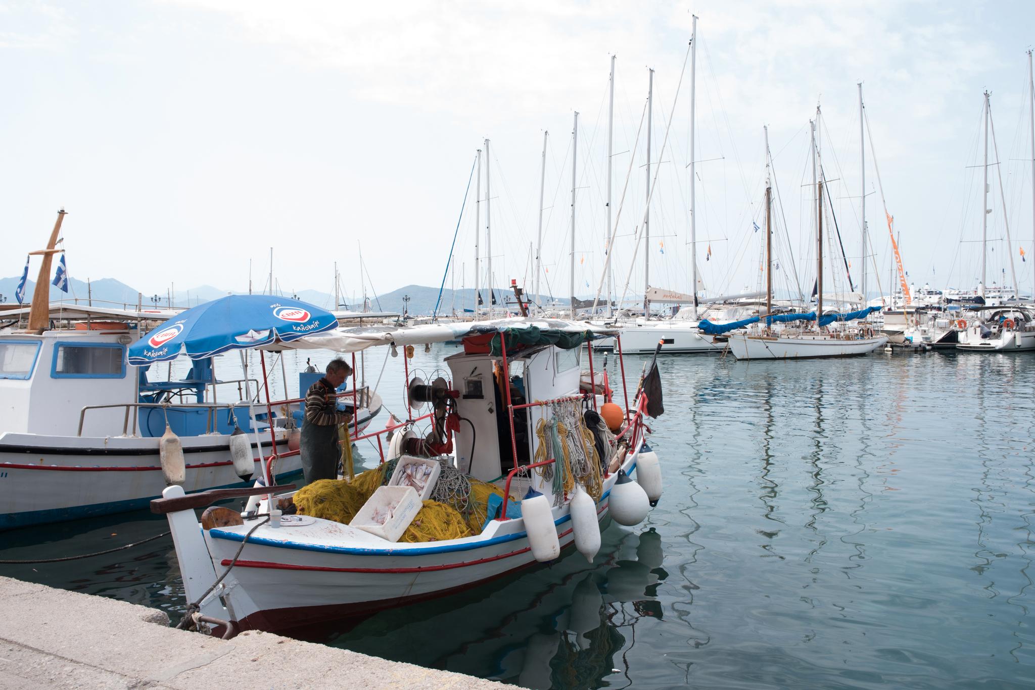 Tradisjonelle fiskebåter i havnen på Aegina, byen har samme navn som øya Aegina i Egeerhavet. 