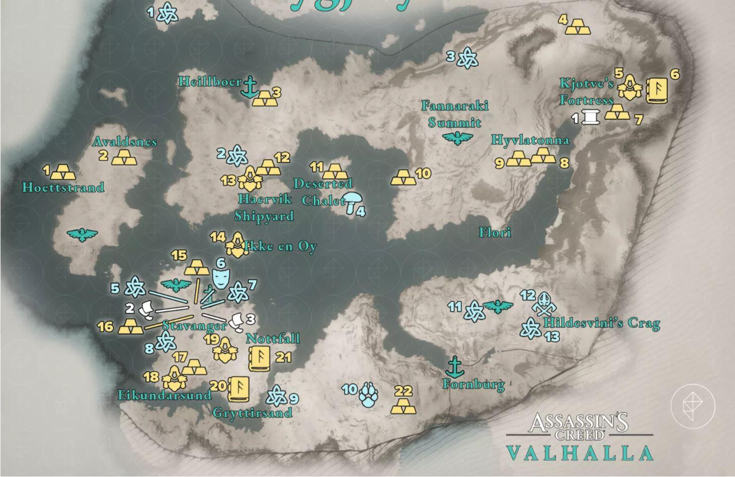 Slik ser Rygjafylke (Ryfylke) ut i spillet Assassin's Creed Valhalla. Her er flere kjente stedsnavn som Stavanger, Avaldsnes, Eikundarsund (Egersund) og Florli. 
