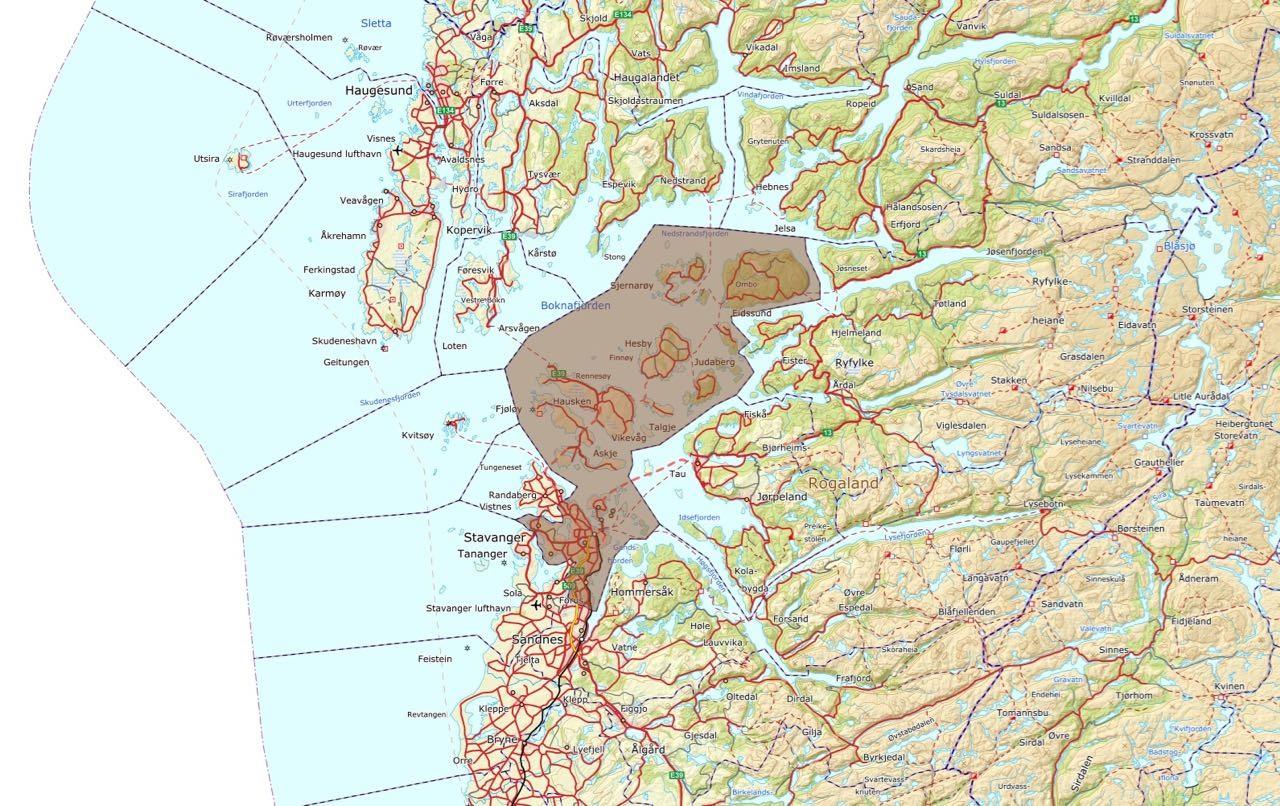 Dette er området som skal kartleggast, og som inngår i pilotområdet Stavanger. Illustrasjon: Kartverket.