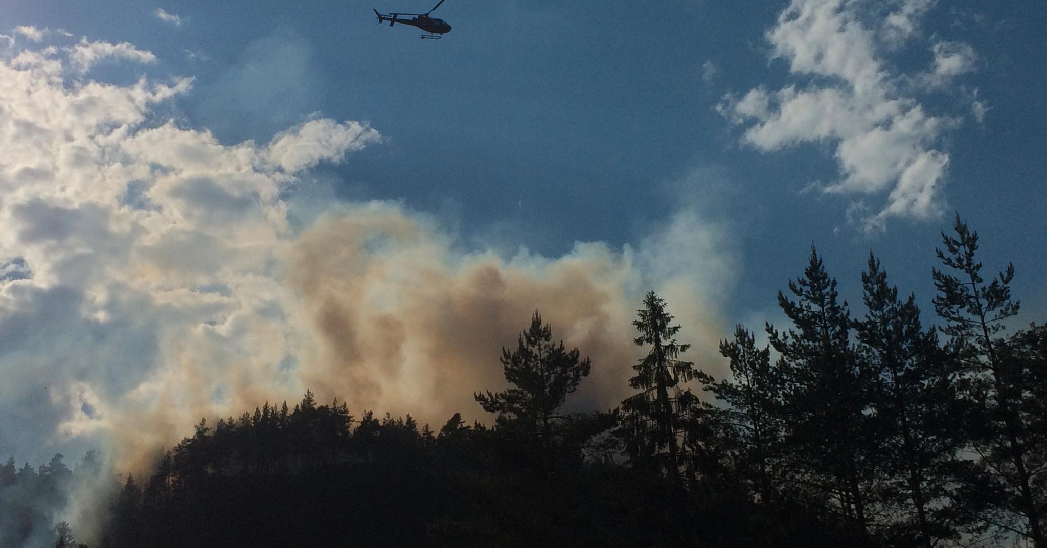  Brannhelikopter ble satt inn i arbeidet med å slukke skogbrannen som brøt ut ved Nisterudbrua i Skien søndag. 