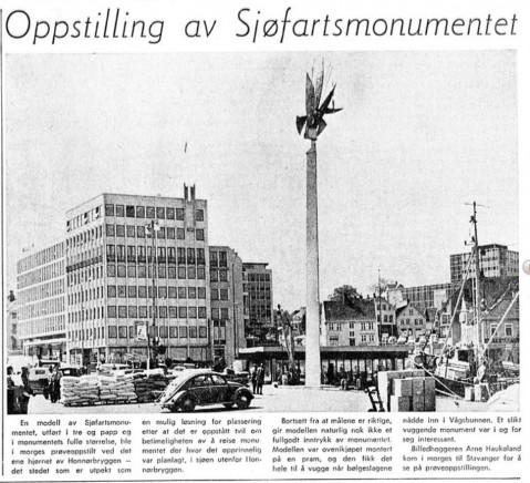 JUST TESTING: Ett år før overleveringen, måtte man teste ut hvordan det ville se ut. Og da satte man ganske enkelt opp en modell i papp og tre. FAKSIMILE: Aftenbladet 1967.