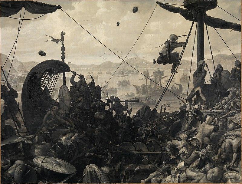 Slaget i Hafrsfjord, slik kunstnaren såg det. 