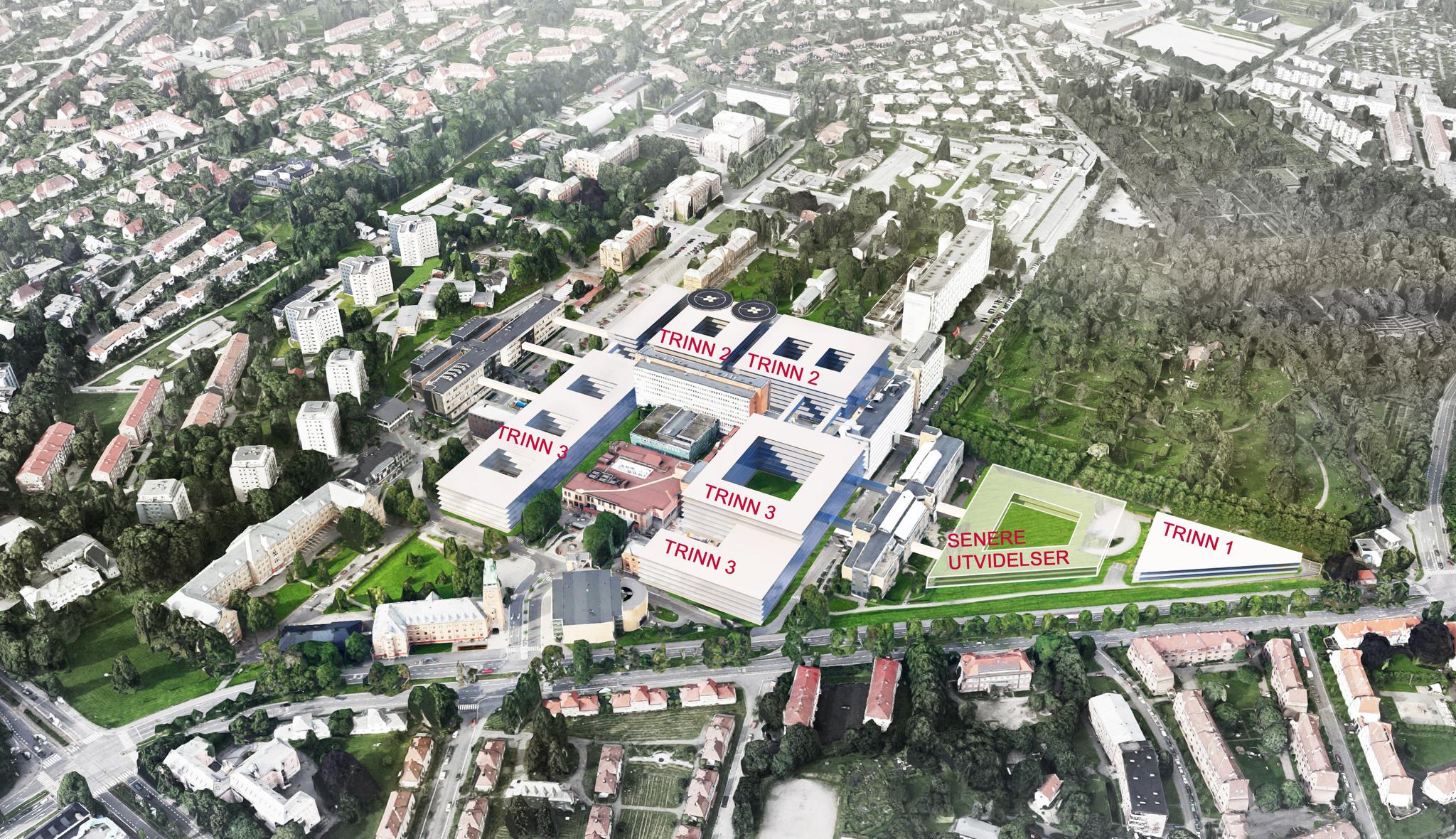Skissen viser hvordan et nytt sykehus kunne ha blitt bygget på Ullevål-tomten.