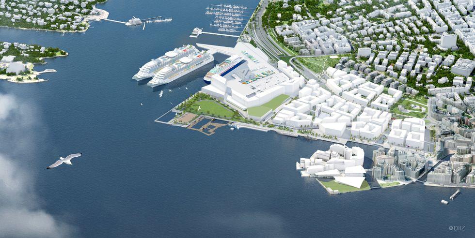 Slik så det opprinnelige forslaget for Filipstad ut: Med en stor fremtidig fergeterminal og en stor åpen park ut mot sjøen, med boligområder innover.