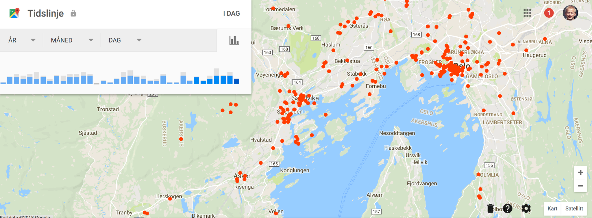 De røde prikkene viser alle stedene jeg har vært i Oslo-området siden 2006.