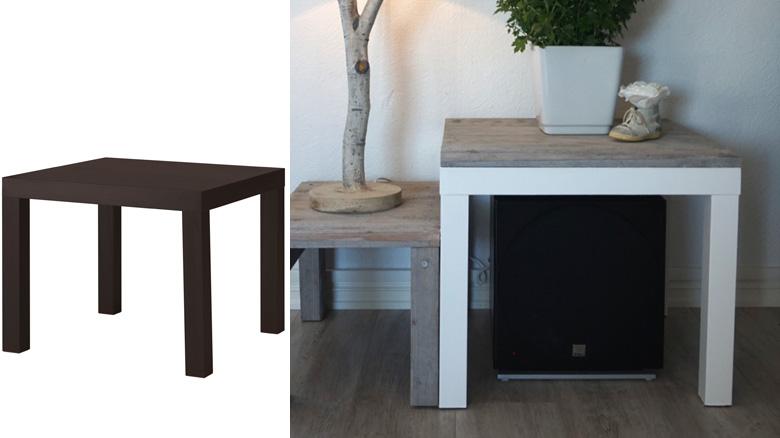 Til venstre: Slik så bordet ut før Stine Skoli malte og lagde ny bordplate. Til høyre: Ferdig resultat. 