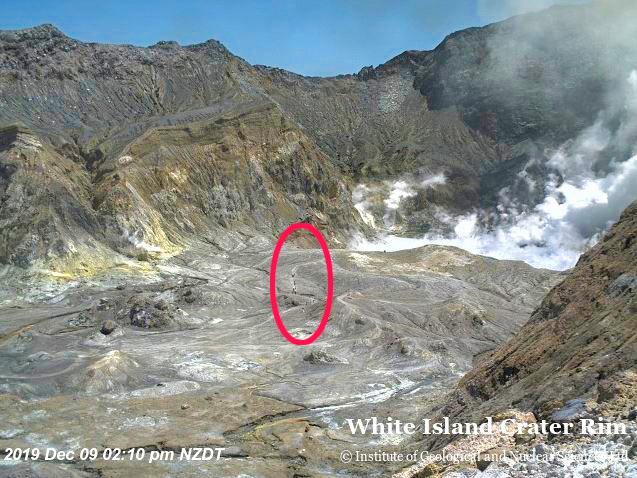 Her går en gruppe turister like ved krateret på den vulkanske øya Whakaari, også kalt White Island, i New Zealand. 