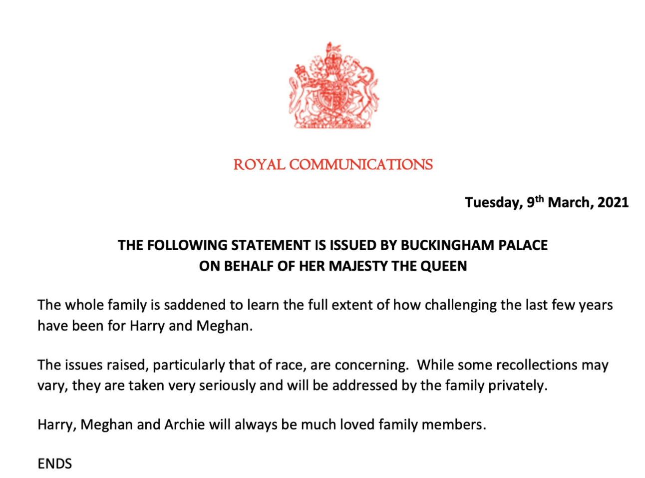 Pressemeldingen fra Buckingham Palace