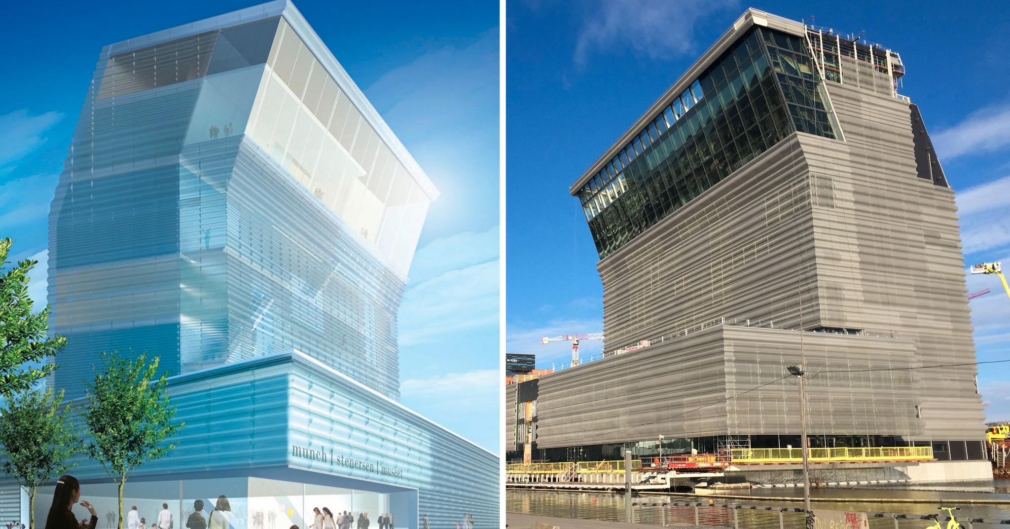 På bildet til venstre er Lambda slik det ble presentert 2009. Et «lystårn», ifølge juryen. Bildet til høyre viser bygget slik det fremstår fredag 8. mars 2019.