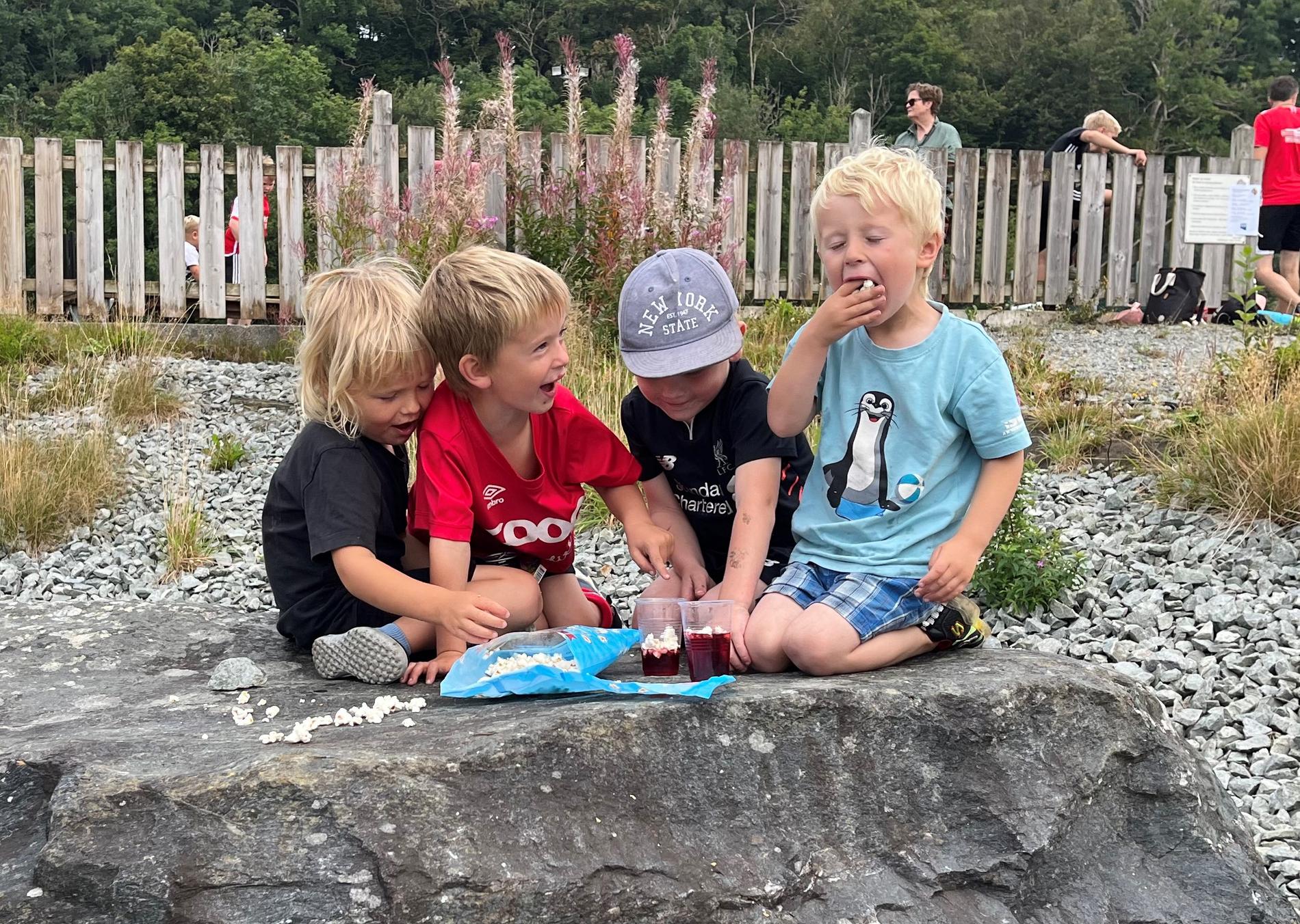 Mange barn kom til Leikvoll sjølv om dei ikkje var gamle nok til å spele. Her leiker Per, Bastian, Heine og Vetle. 