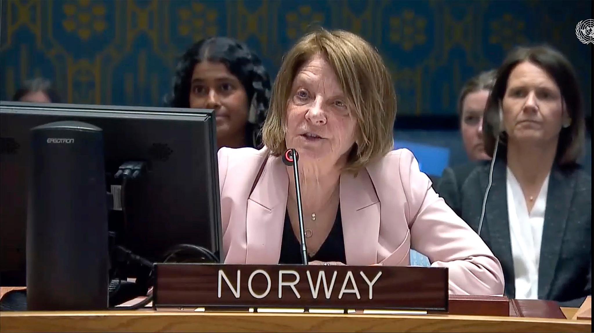 Norges FN-ambassadør Mona Juul fotografert i april. 