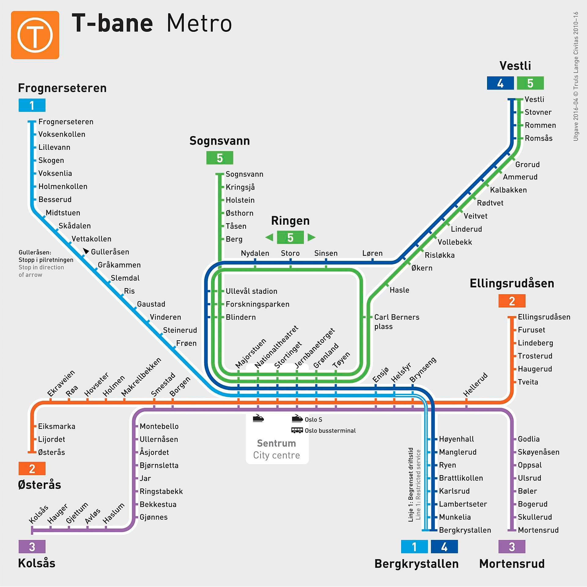 Fra 3. april vil T-banekartet i Oslo se slik ut. Det betyr også endrede avgangstider på T-banen og enkelte busslinjer.