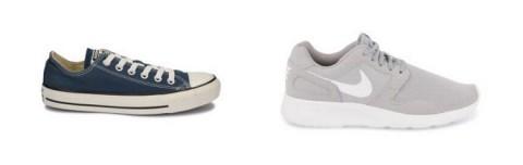 Klassisk blå Converse 699 kr, grå og hvite Nike med enkelt design 799 kr.