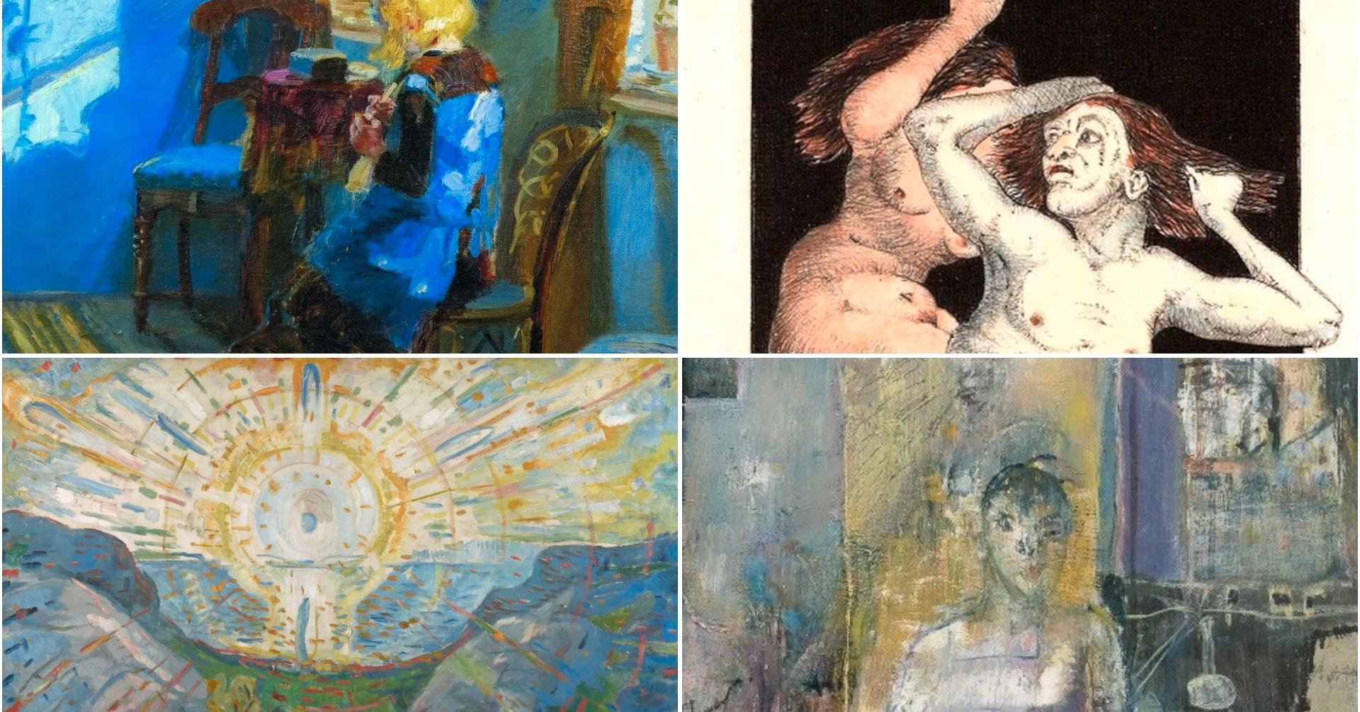 Øverst fra venstre: Anna Anchers «Solskin i den blå stue» og Arne Bendik Sjur (motiv fra Goya-serien). Nederst: Edvard Munchs «Solen» og et motiv av Svein Strand.