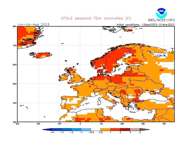Bildet fra den amerikanske værtjenesten viser også at Norge blir varmt. Prognosen er imidlertid usikker.