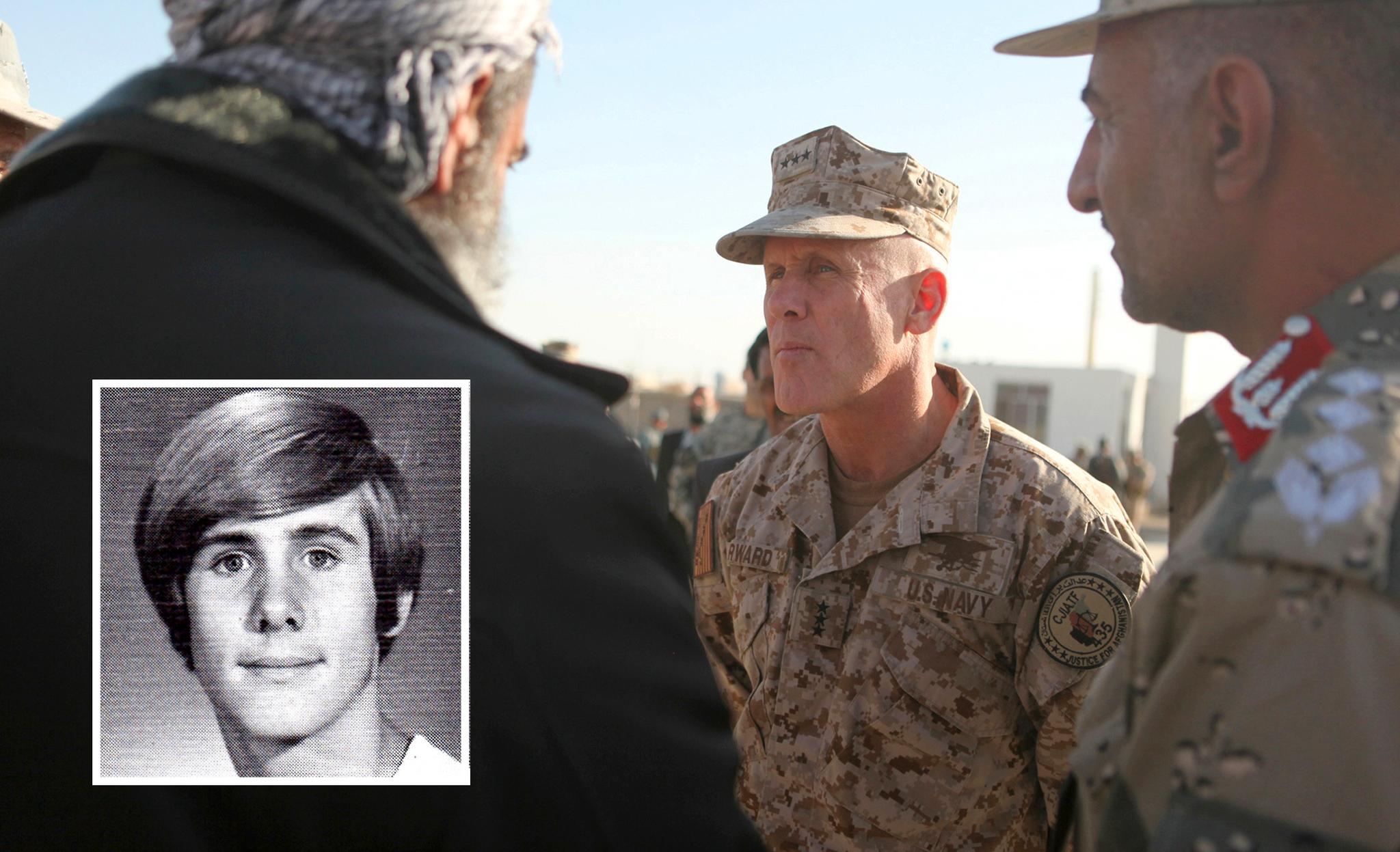 Viseadmiral Robert S. Harward under et besøk i Afghanistan i 2011. Han har tidligere vært utplassert både der og i Irak. Innfelt: Harward som tenåring i Teheran tidlig på 1970-tallet.