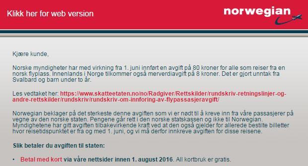 E-POST: Norwegian har sendt ut denne e-posten til sine kunder som har bestilt reise før 1. juni, men først reist denne måneden. 