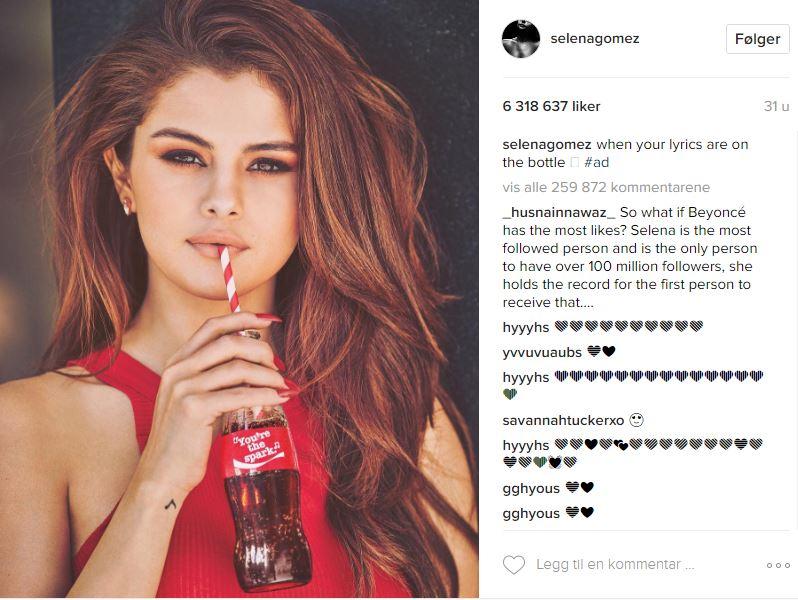 VAR MEST LIKT: Dette bildet har over seks millioner likerklikk på Instagram, men nå er det noen andre enn Selena Gomez som troner øverst...
