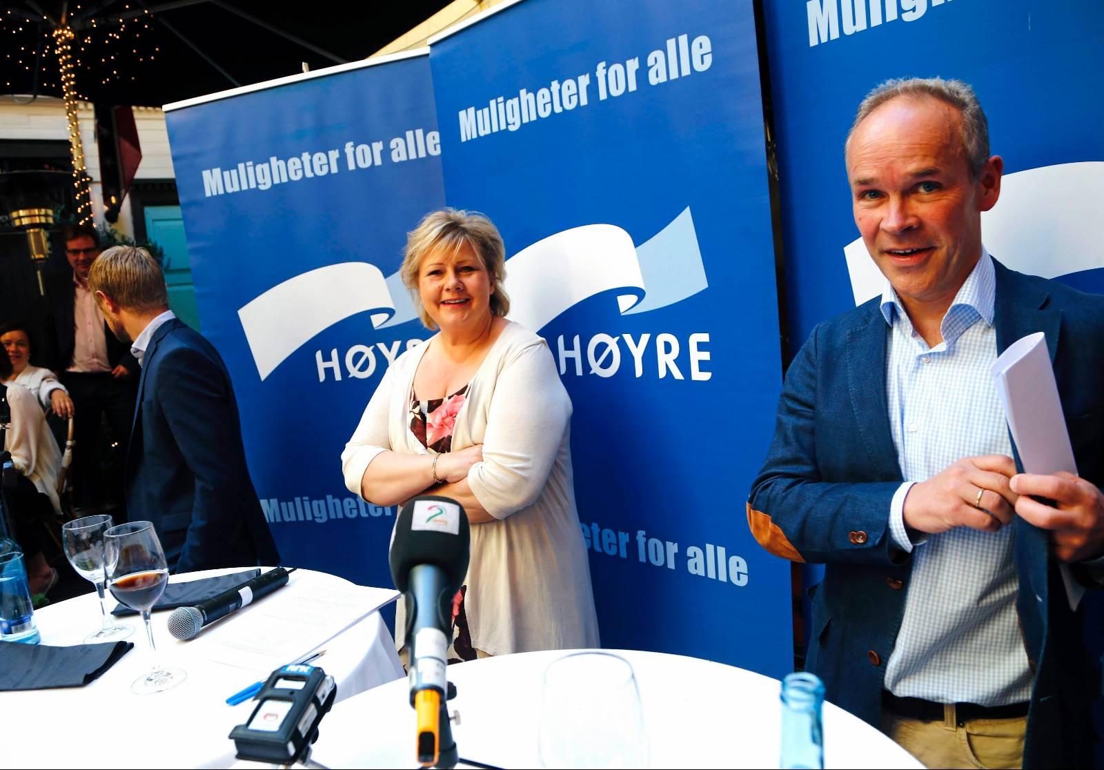 Høyre-leder Erna Solberg og finanspolitisk talsmann Jan Tore Sanner vil fjerne formuesskatten for 99 prosent av de som betaler i dag.