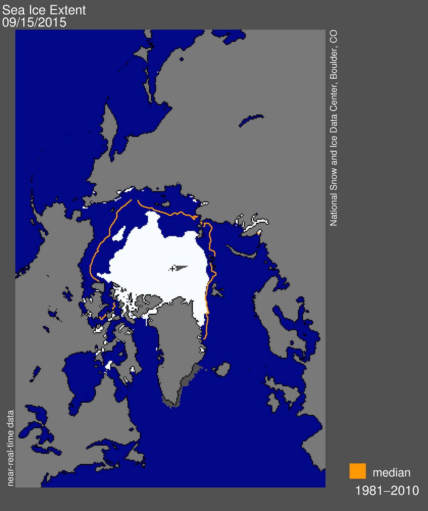 Kartet over Polhavet viser hvor stort område som var dekket av is da sommersmeltingen 2015 stanset. Den røde streken viser gjennomsnittlig isdekke på samme tidspunkt for årene 1980-2010.