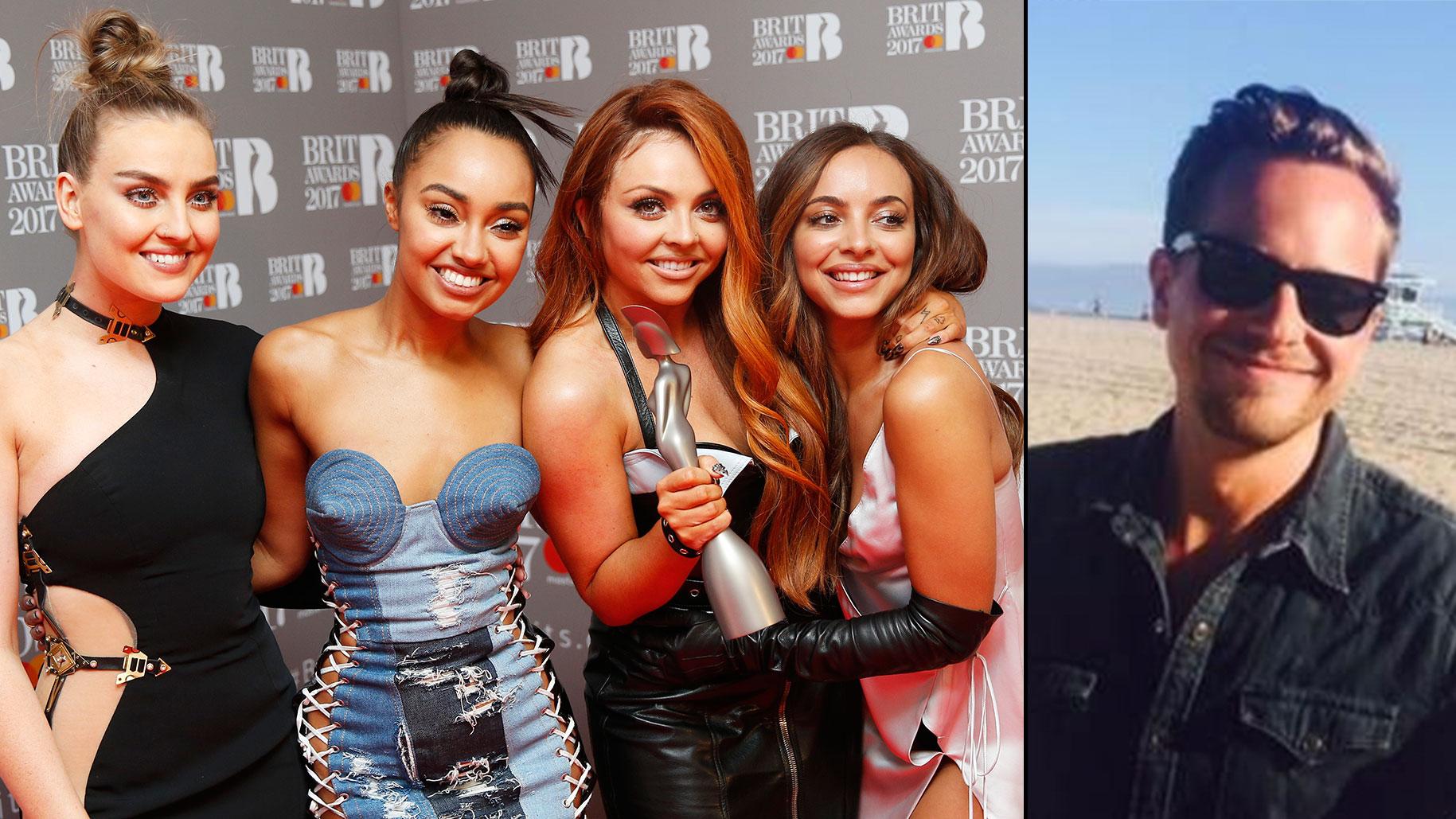 Gruppa Little Mix poserer med beviset på at de vant i kategorien beste singel. Til høyre produsent og låtskriver Edvard Førre Erfjord fra Hinna.