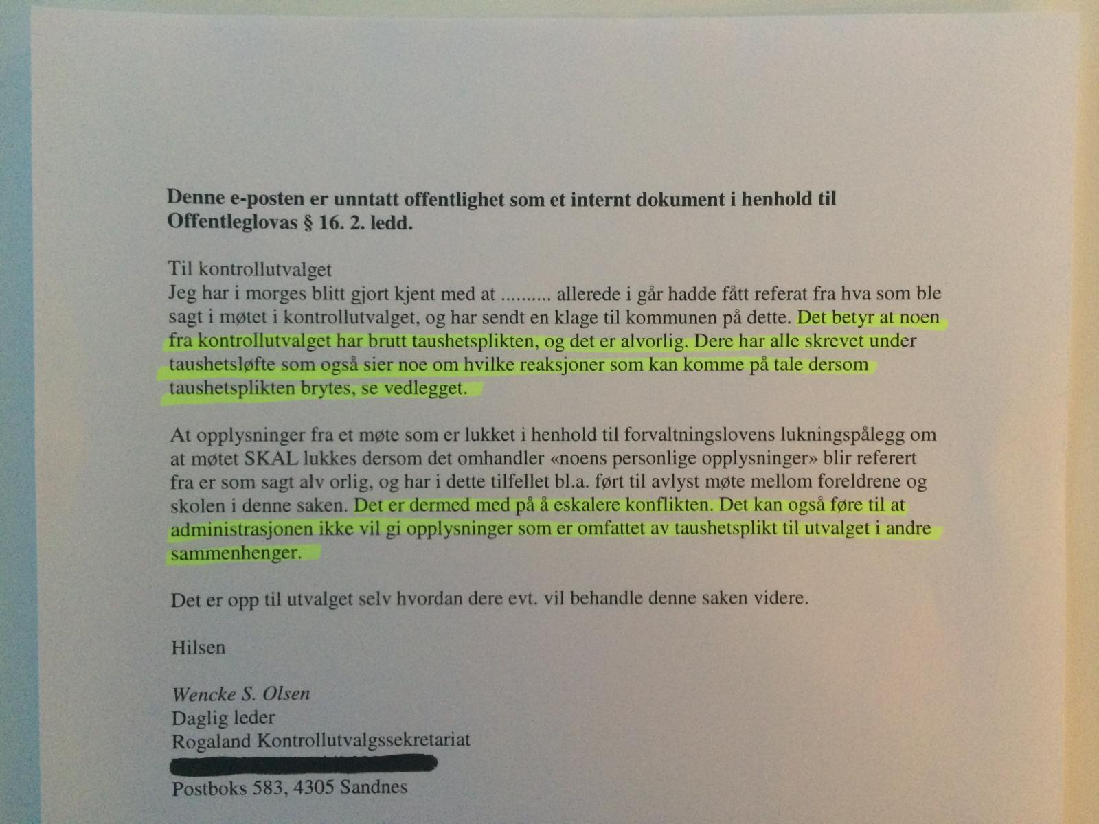 Det skarpe brevet lederen av Rogalands Kontrollutvalgssekretariat sendte kontrollutvalget 9. september. Vaule har gitt Aftenbladet sladdet innsyn, etter å ha konferert med jurist. 