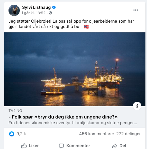 Frp-leder Sylvi Listhaug fronter «Oljebrølet» aktivt på Facebook.