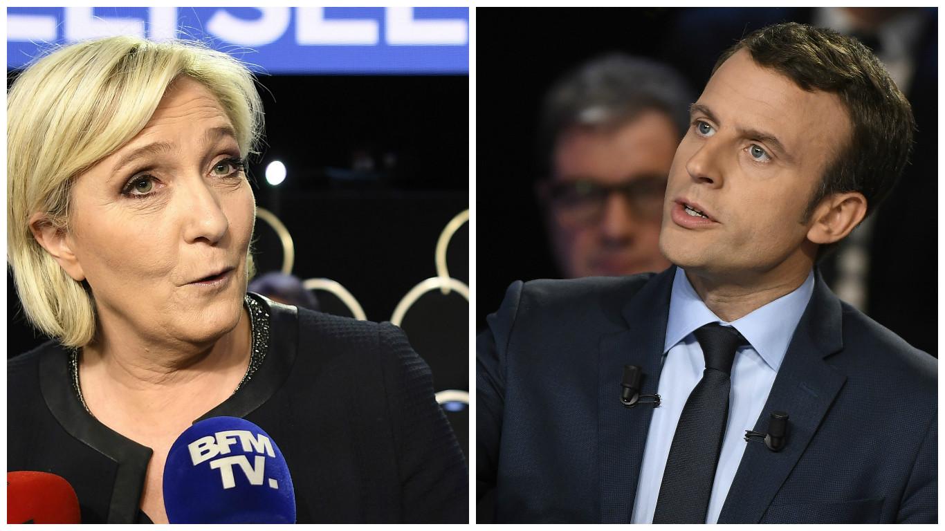  TO OUTSIDERE: Disse to kniver nå om makten i Frankrike. Marine Le Pen (48) i fremmedfiendtlige Front National (FN) ønsker folkeavstemning om Frankrikes EU-medlemskap - et Frexit. Emmanuel Macron (39) har stiftet det nye sosialiberale partiet En Marche (Fremad) som er sterkt orientert mot EU. 