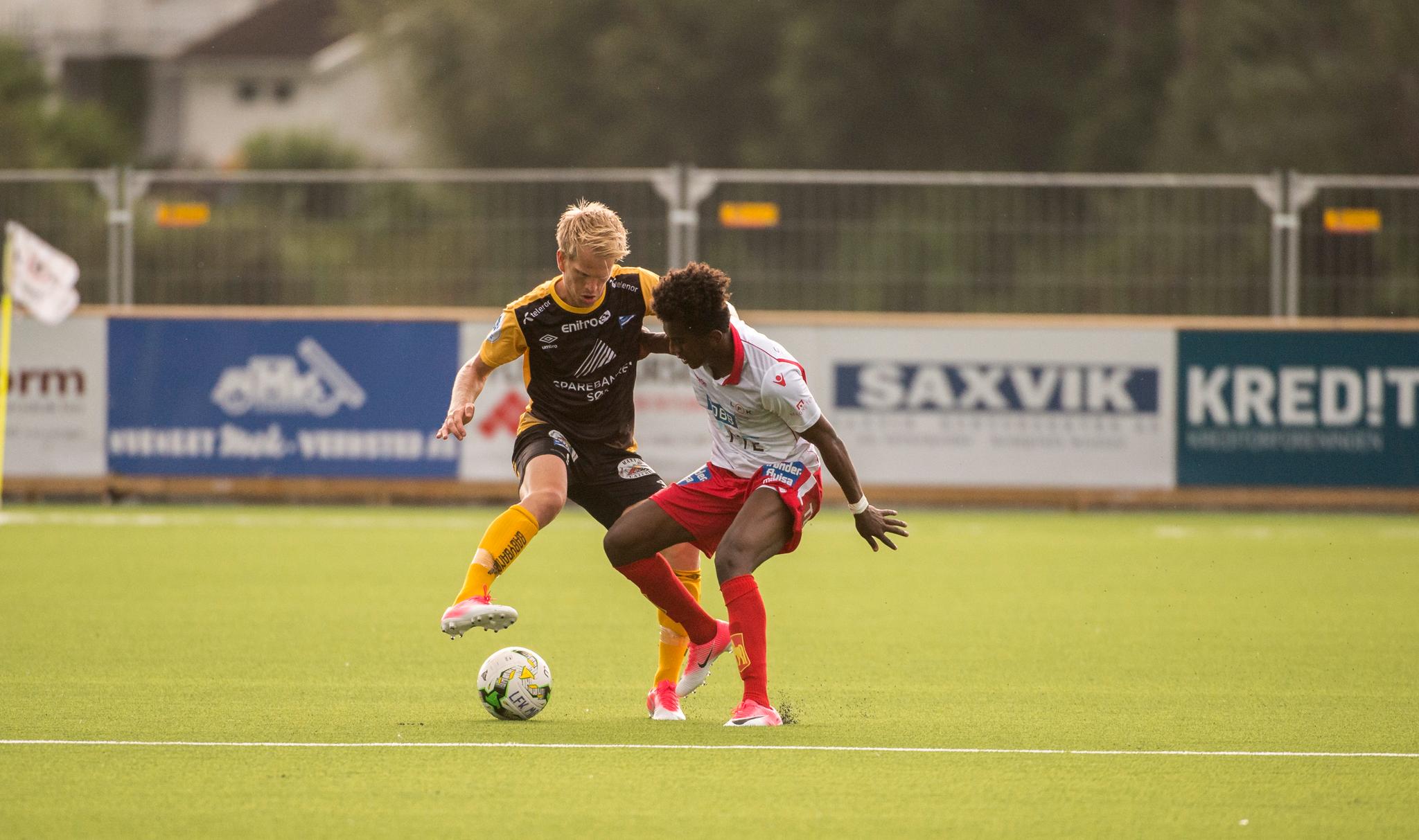 Tadesse har tidligere spilt for Levanger. Her i kamp mot Start i 1. divisjon i 2017. 