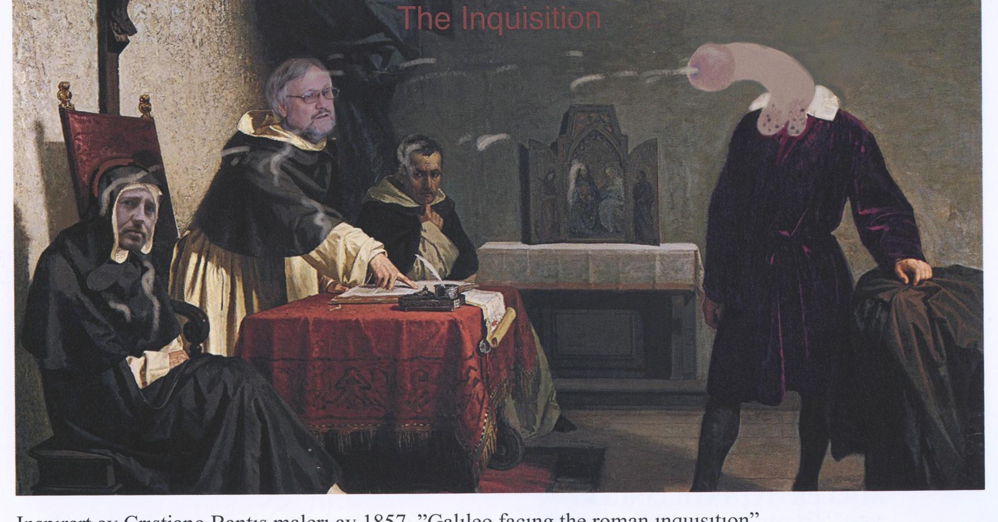 Inspirert av Christiano Bantis maleri av Galileo som møter inkvisisjonen, her med Lars Gule som hovedinkvisitor. Typisk for en av Knarviks grunnideer: Ekte fotografiske portretter montert inn i obskøne situasjoner.