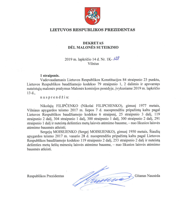 Dette dokumentet fra Litauens president Gitanas Nauseda viser benådingen av de to spiondømte russerne. Det førte til at Frode Berg kunne bli løslatt.