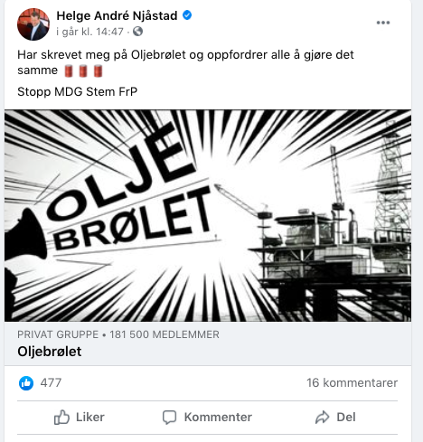 Stortingspolitiker Helge André Njåstad (Frp) promoterer oljebrølet og hvem som er best av Frp og MDG.